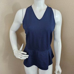 FAMOUS CATALOG Navy Ponte Knit Strappy Open Back Peplum Waist Halter Top~Size M